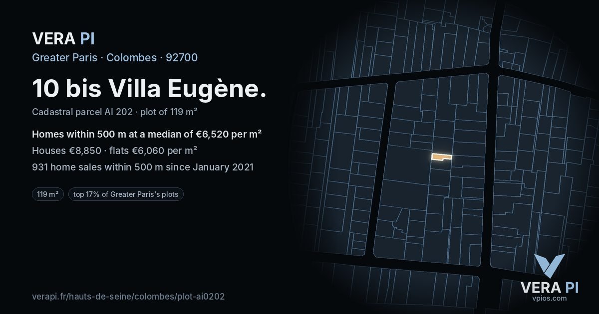 10 bis Villa Eugène, Colombes at night – the plot lit, the parcels around coloured by the prices near them