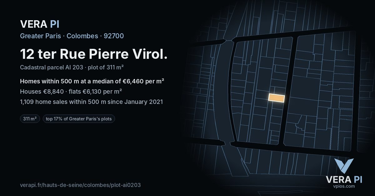 12 ter Rue Pierre Virol, Colombes at night – the plot lit, the parcels around coloured by the prices near them