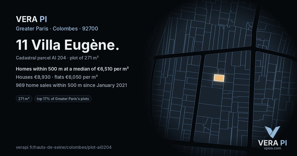 11 Villa Eugène, Colombes at night – the plot lit, the parcels around coloured by the prices near them