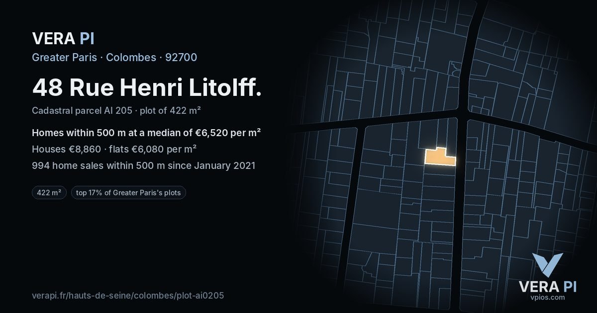 48 Rue Henri Litolff, Colombes at night – the plot lit, the parcels around coloured by the prices near them