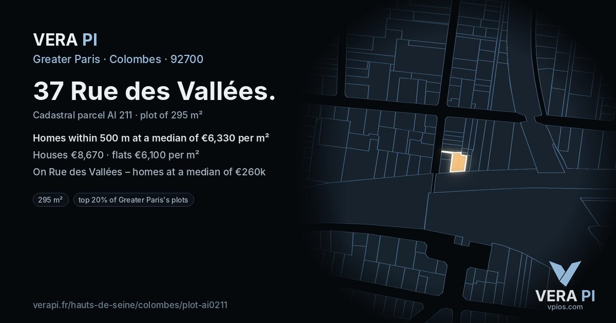 37 Rue des Vallées, Colombes at night – the plot lit, the parcels around coloured by the prices near them