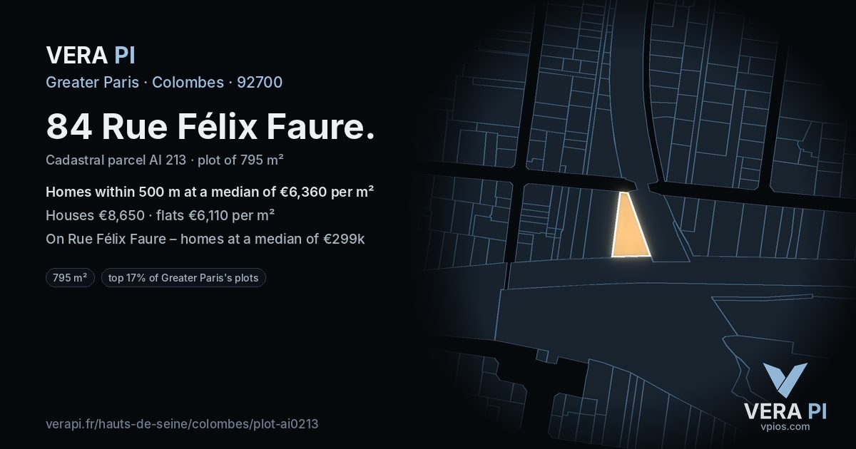 84 Rue Félix Faure, Colombes at night – the plot lit, the parcels around coloured by the prices near them