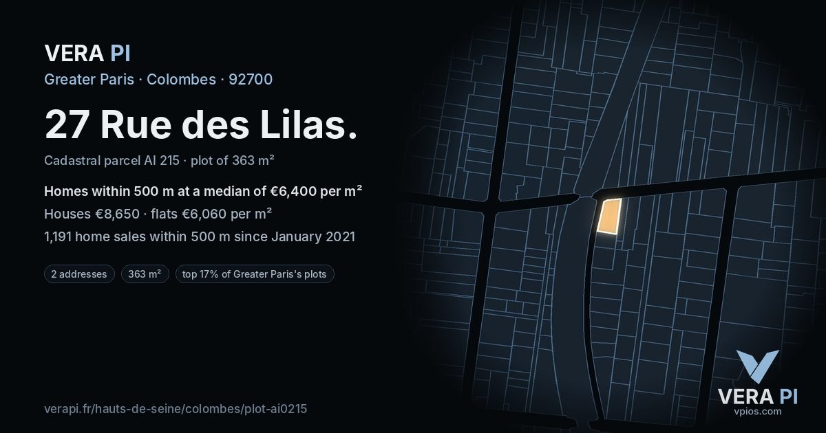 27 Rue des Lilas, Colombes at night – the plot lit, the parcels around coloured by the prices near them