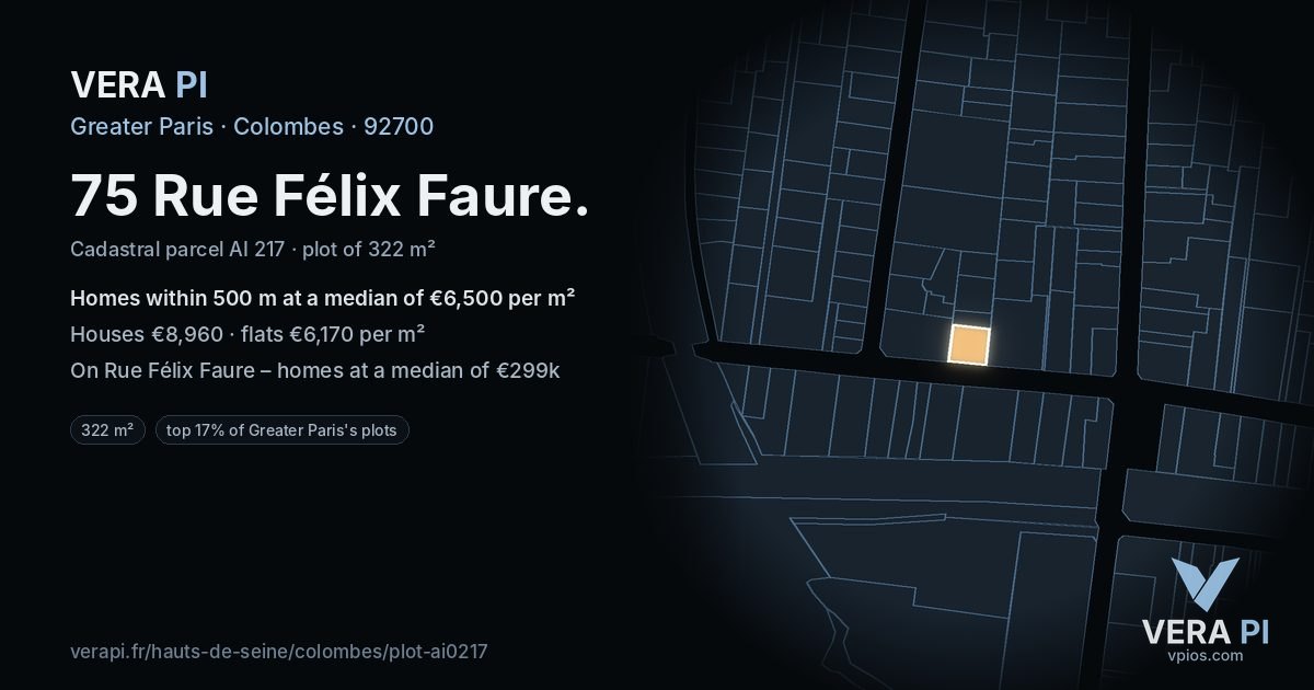 75 Rue Félix Faure, Colombes at night – the plot lit, the parcels around coloured by the prices near them