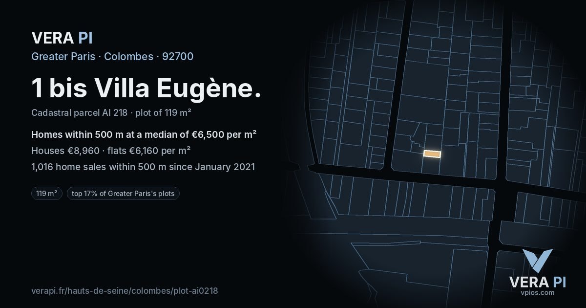 1 bis Villa Eugène, Colombes at night – the plot lit, the parcels around coloured by the prices near them