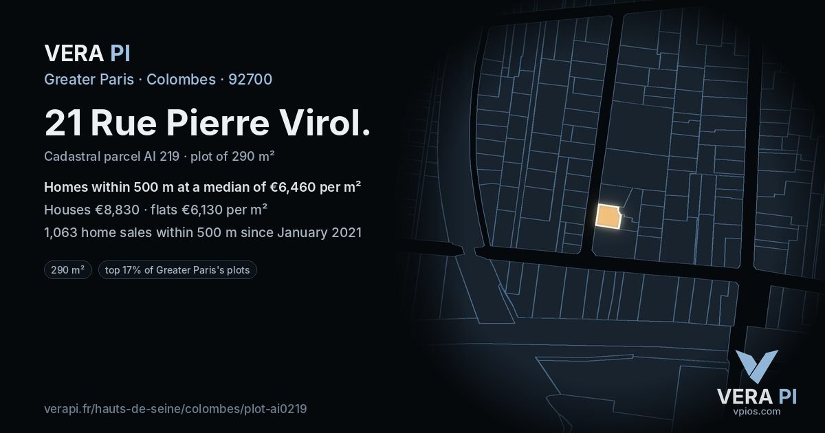 21 Rue Pierre Virol, Colombes at night – the plot lit, the parcels around coloured by the prices near them