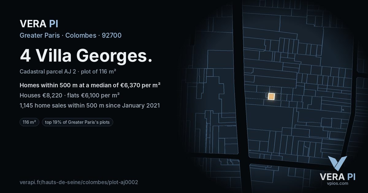 4 Villa Georges, Colombes at night – the plot lit, the parcels around coloured by the prices near them