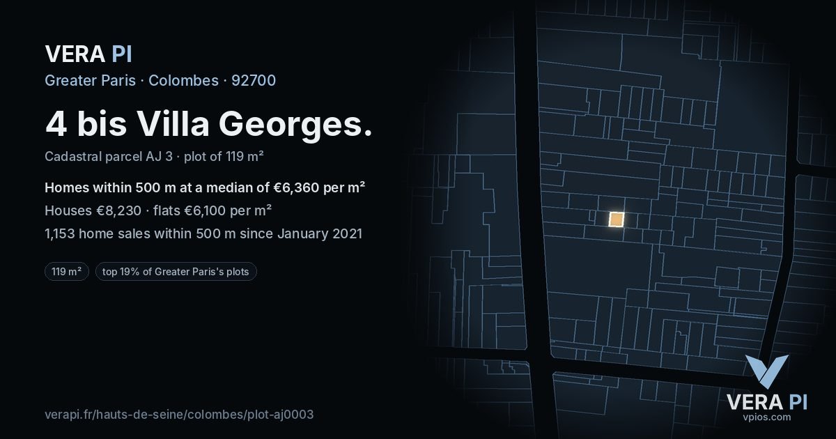 4 bis Villa Georges, Colombes at night – the plot lit, the parcels around coloured by the prices near them