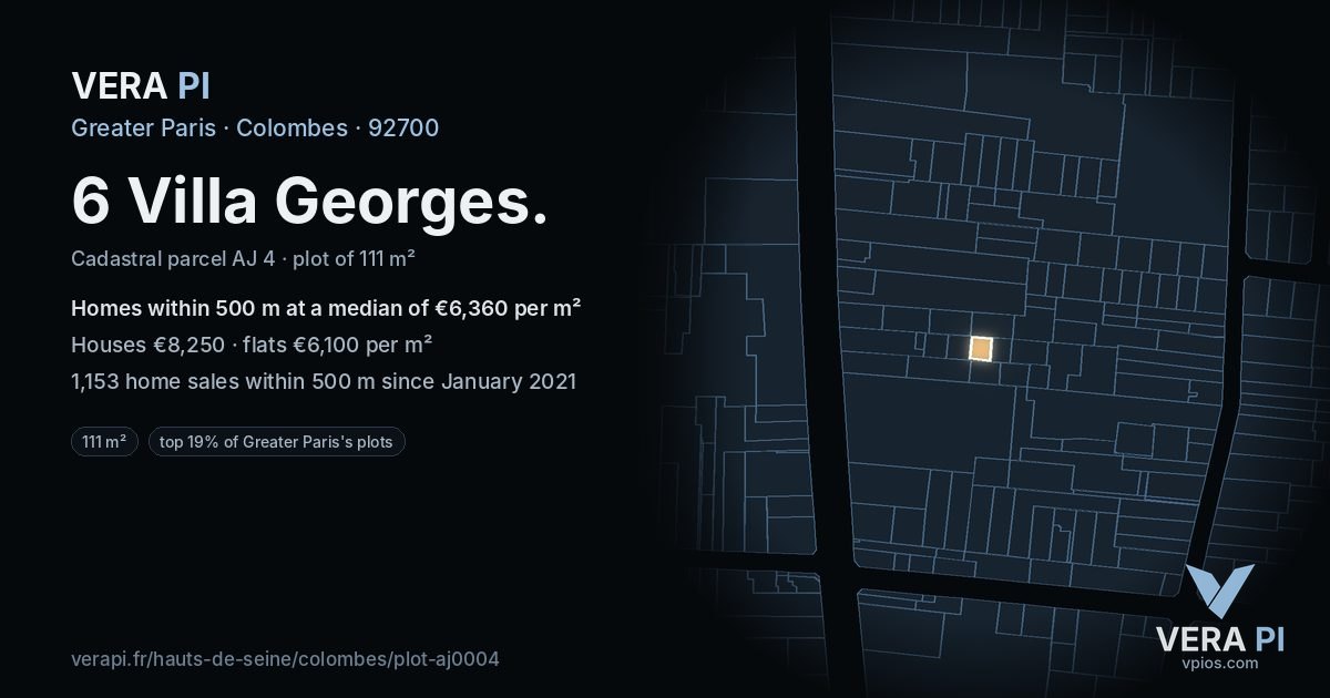 6 Villa Georges, Colombes at night – the plot lit, the parcels around coloured by the prices near them