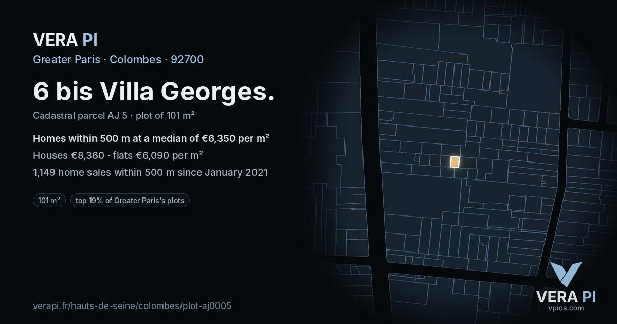 6 bis Villa Georges, Colombes at night – the plot lit, the parcels around coloured by the prices near them