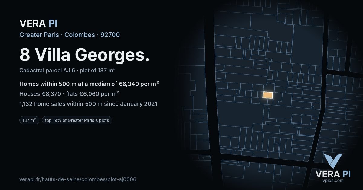8 Villa Georges, Colombes at night – the plot lit, the parcels around coloured by the prices near them