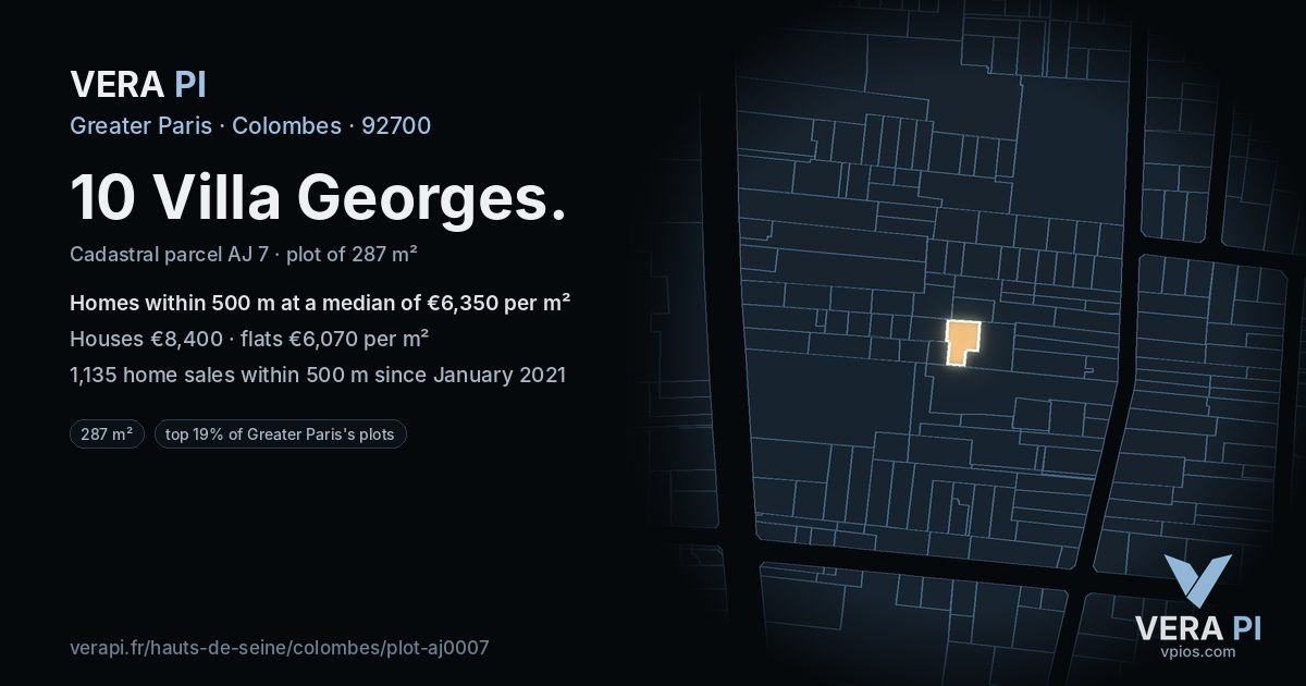 10 Villa Georges, Colombes at night – the plot lit, the parcels around coloured by the prices near them