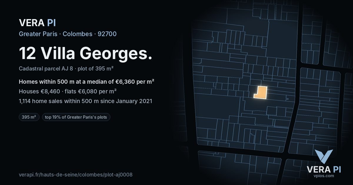 12 Villa Georges, Colombes at night – the plot lit, the parcels around coloured by the prices near them