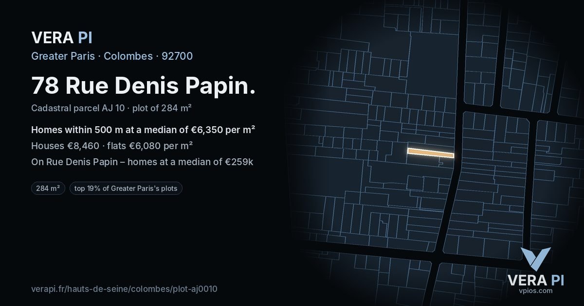 78 Rue Denis Papin, Colombes at night – the plot lit, the parcels around coloured by the prices near them