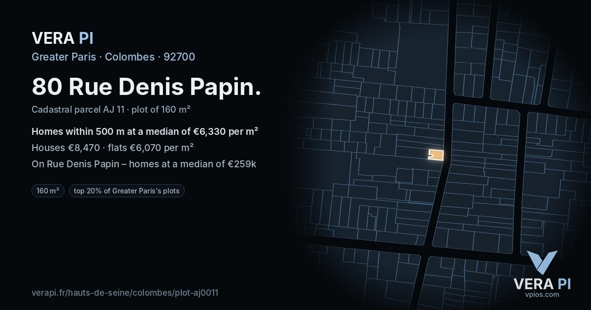 80 Rue Denis Papin, Colombes at night – the plot lit, the parcels around coloured by the prices near them