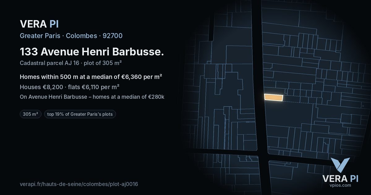 133 Avenue Henri Barbusse, Colombes at night – the plot lit, the parcels around coloured by the prices near them