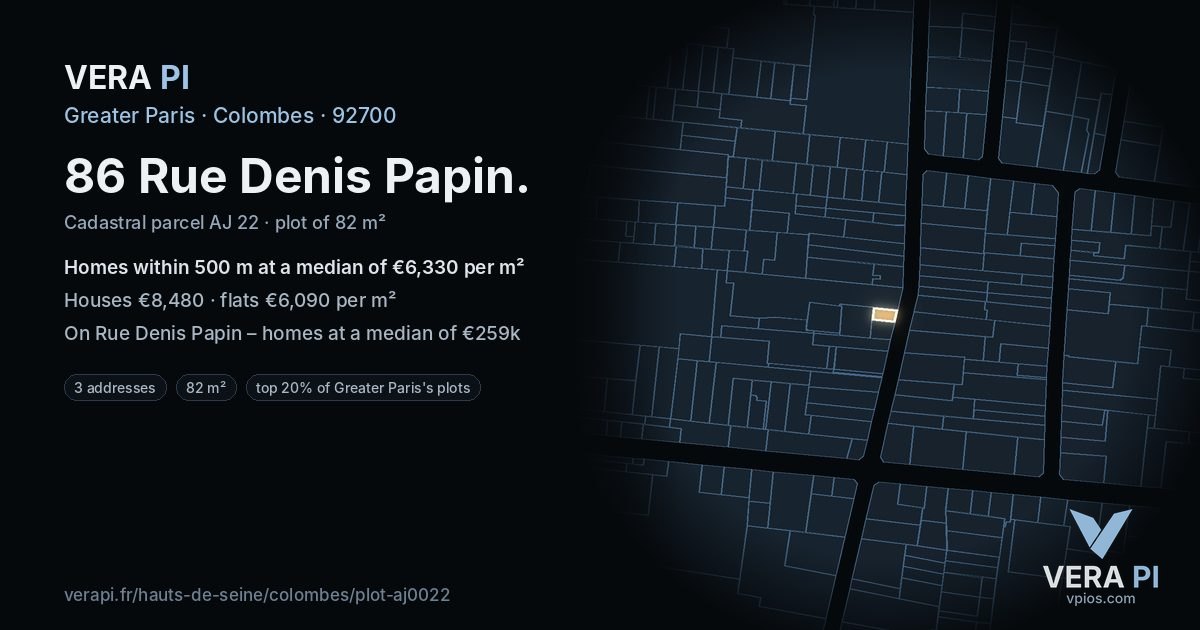 86 Rue Denis Papin, Colombes at night – the plot lit, the parcels around coloured by the prices near them