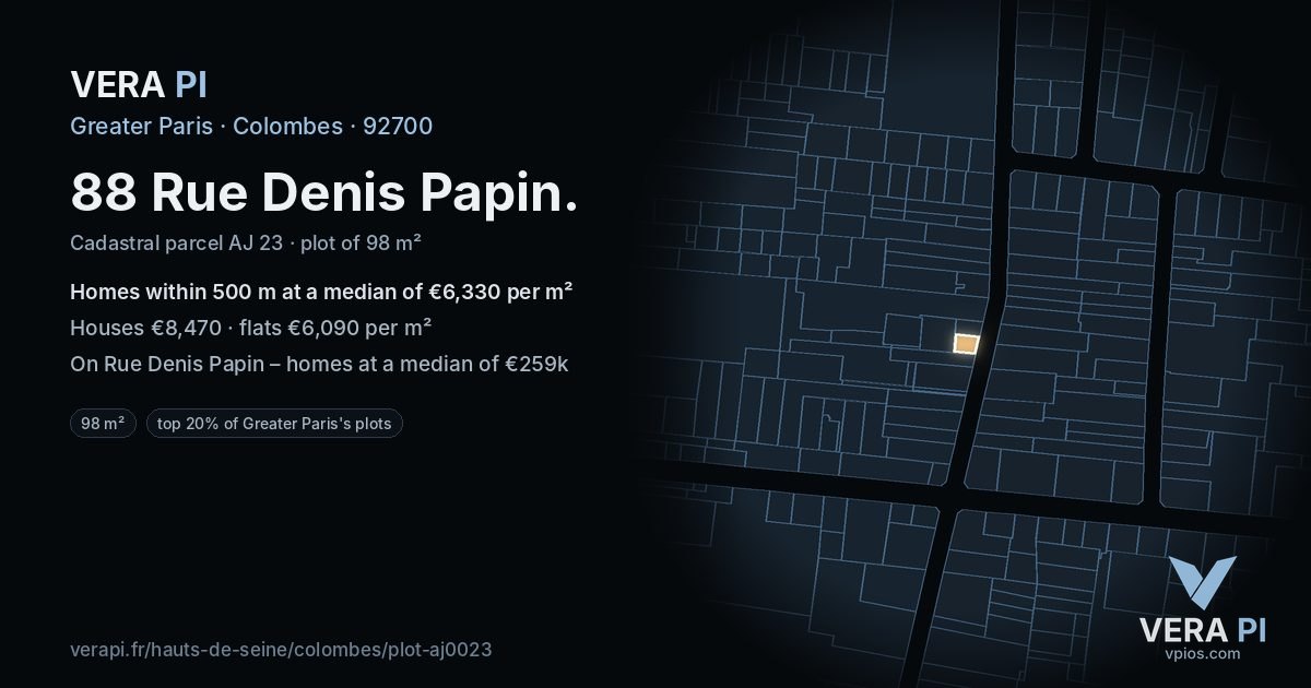 88 Rue Denis Papin, Colombes at night – the plot lit, the parcels around coloured by the prices near them