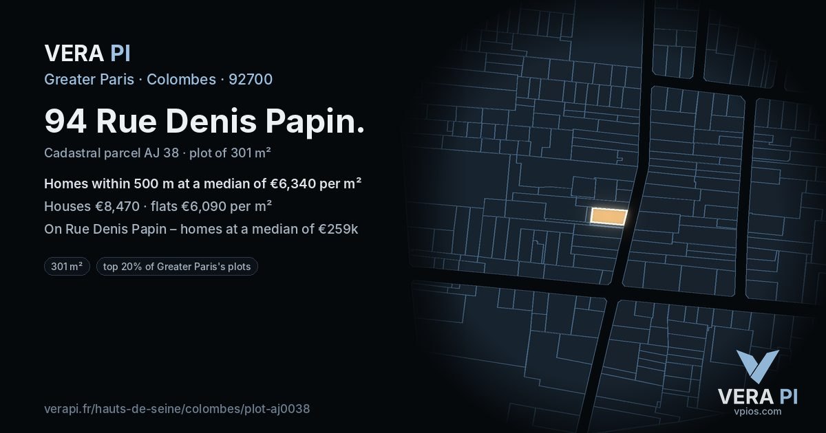 94 Rue Denis Papin, Colombes at night – the plot lit, the parcels around coloured by the prices near them