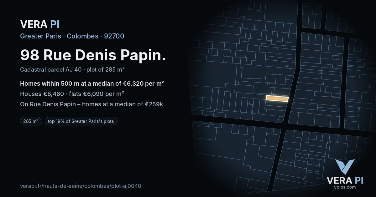 98 Rue Denis Papin, Colombes at night – the plot lit, the parcels around coloured by the prices near them