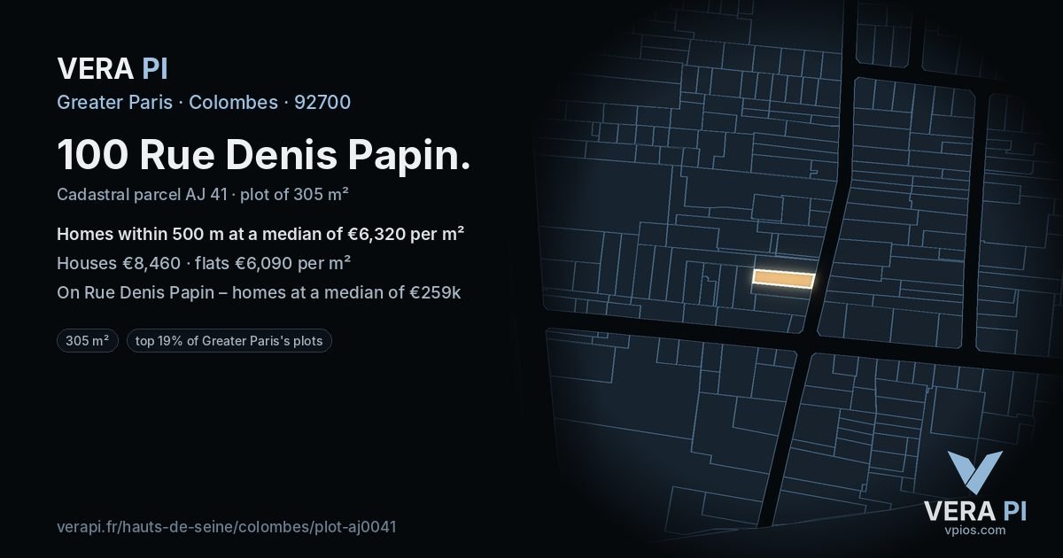 100 Rue Denis Papin, Colombes at night – the plot lit, the parcels around coloured by the prices near them