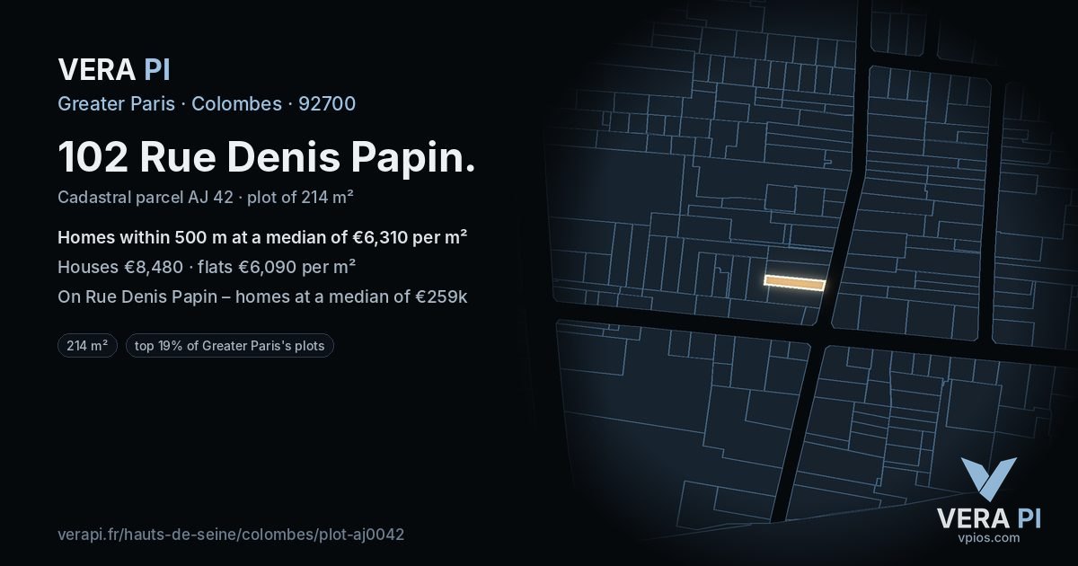102 Rue Denis Papin, Colombes at night – the plot lit, the parcels around coloured by the prices near them