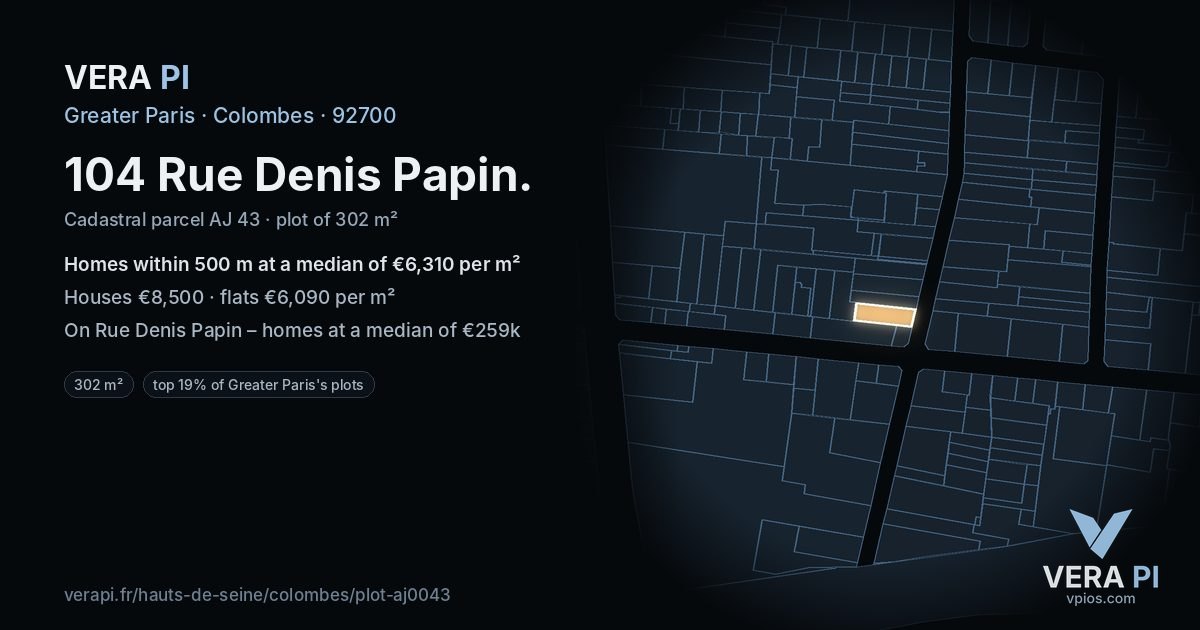 104 Rue Denis Papin, Colombes at night – the plot lit, the parcels around coloured by the prices near them