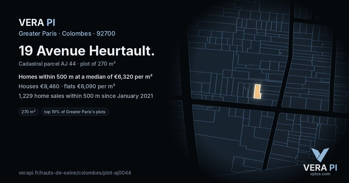 19 Avenue Heurtault, Colombes at night – the plot lit, the parcels around coloured by the prices near them