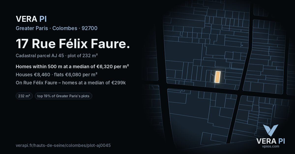 17 Rue Félix Faure, Colombes at night – the plot lit, the parcels around coloured by the prices near them