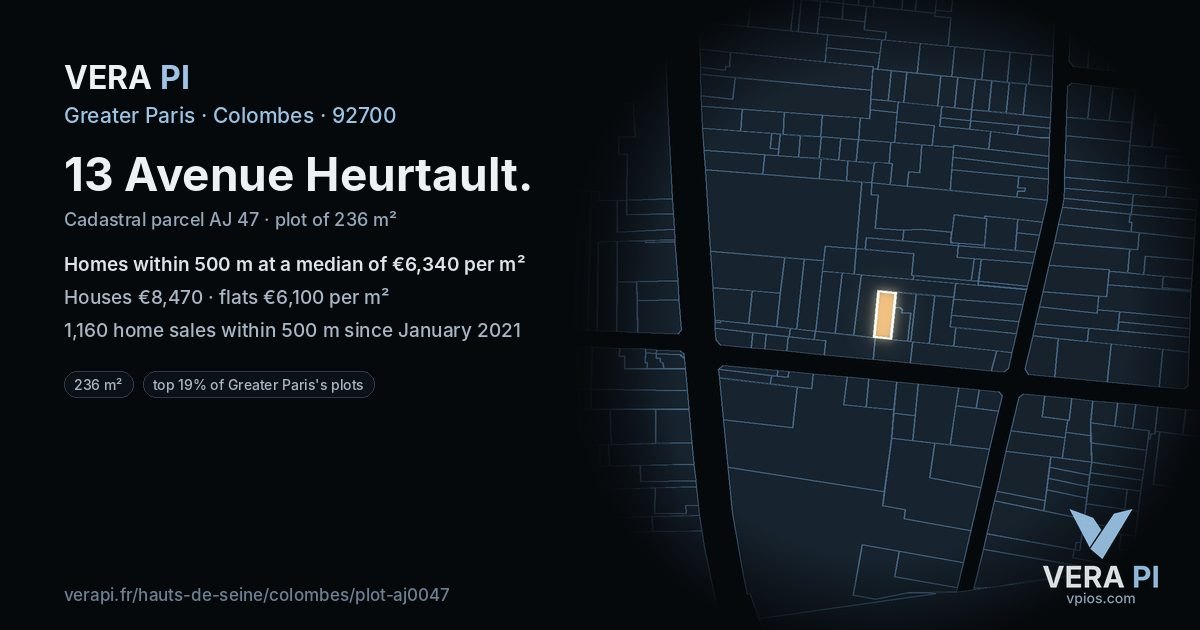 13 Avenue Heurtault, Colombes at night – the plot lit, the parcels around coloured by the prices near them
