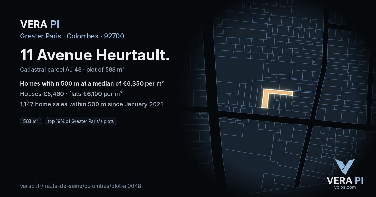 11 Avenue Heurtault, Colombes at night – the plot lit, the parcels around coloured by the prices near them