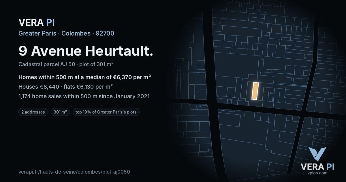 9 Avenue Heurtault, Colombes at night – the plot lit, the parcels around coloured by the prices near them