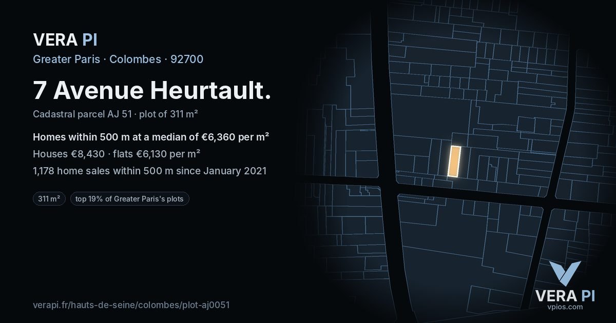 7 Avenue Heurtault, Colombes at night – the plot lit, the parcels around coloured by the prices near them