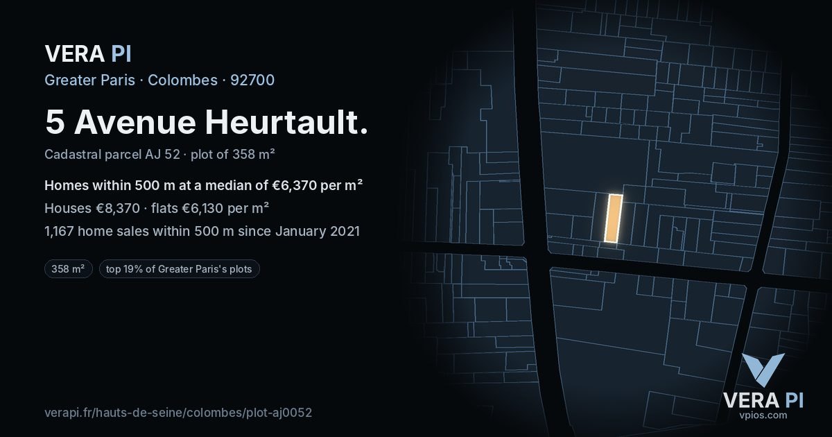 5 Avenue Heurtault, Colombes at night – the plot lit, the parcels around coloured by the prices near them