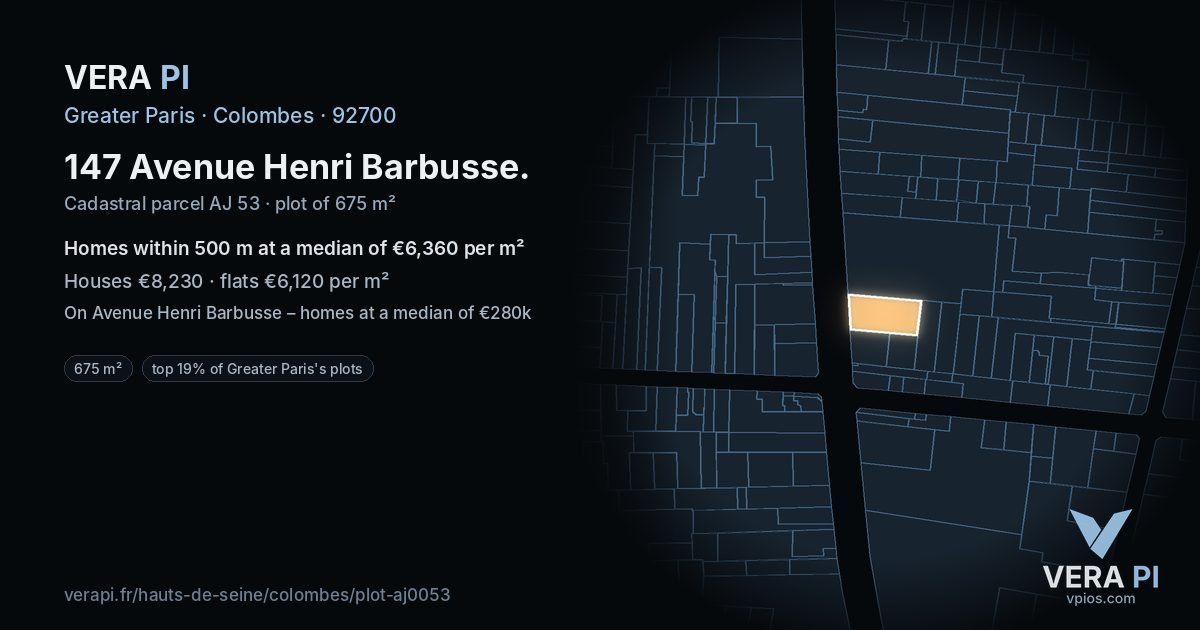 147 Avenue Henri Barbusse, Colombes at night – the plot lit, the parcels around coloured by the prices near them