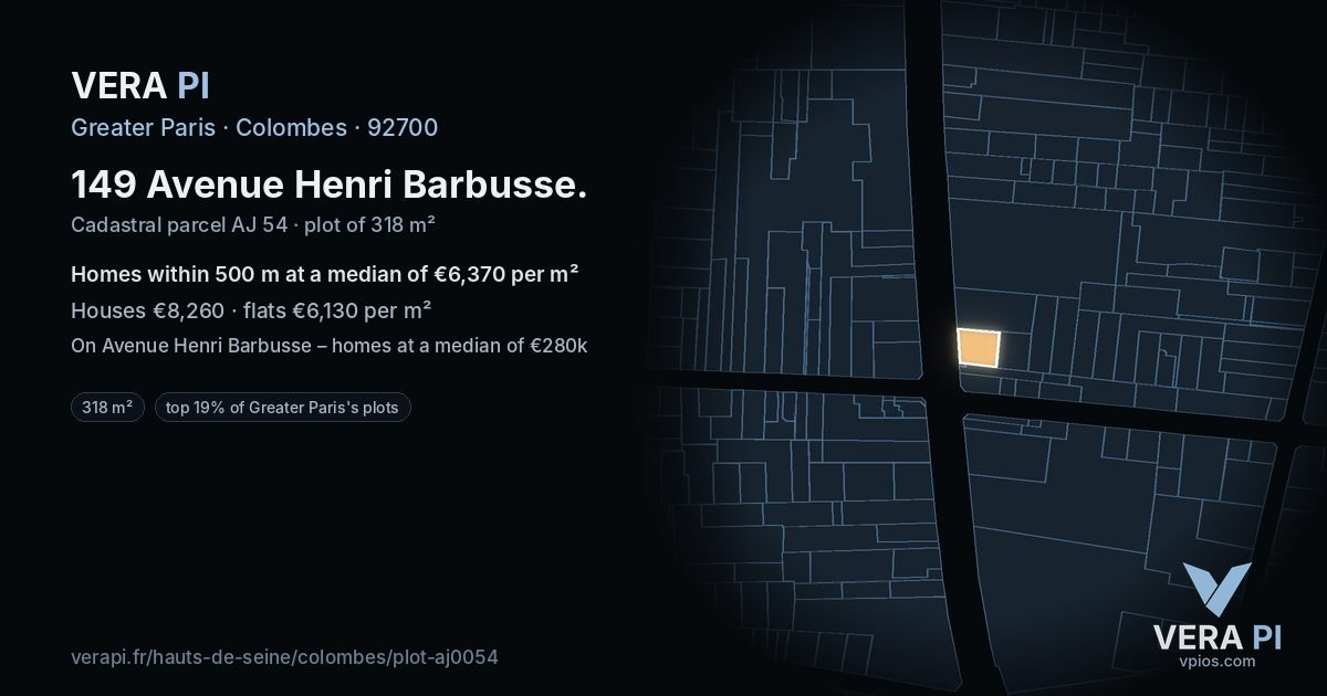 149 Avenue Henri Barbusse, Colombes at night – the plot lit, the parcels around coloured by the prices near them
