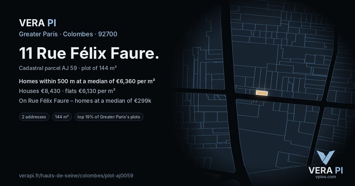 11 Rue Félix Faure, Colombes at night – the plot lit, the parcels around coloured by the prices near them