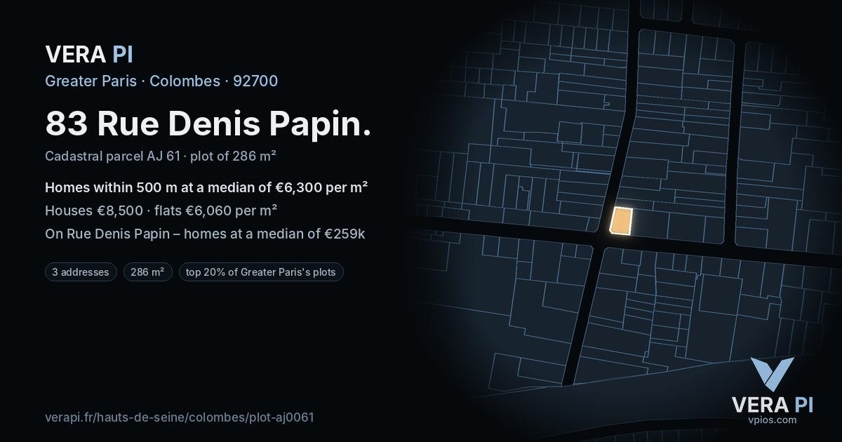 83 Rue Denis Papin, Colombes at night – the plot lit, the parcels around coloured by the prices near them