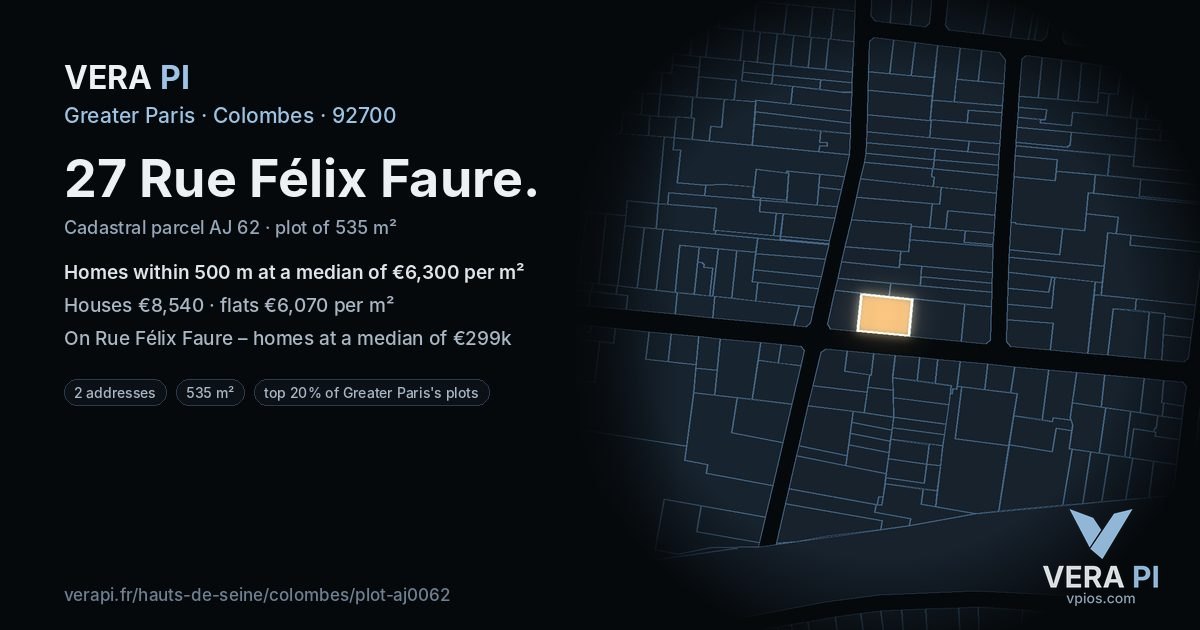 27 Rue Félix Faure, Colombes at night – the plot lit, the parcels around coloured by the prices near them