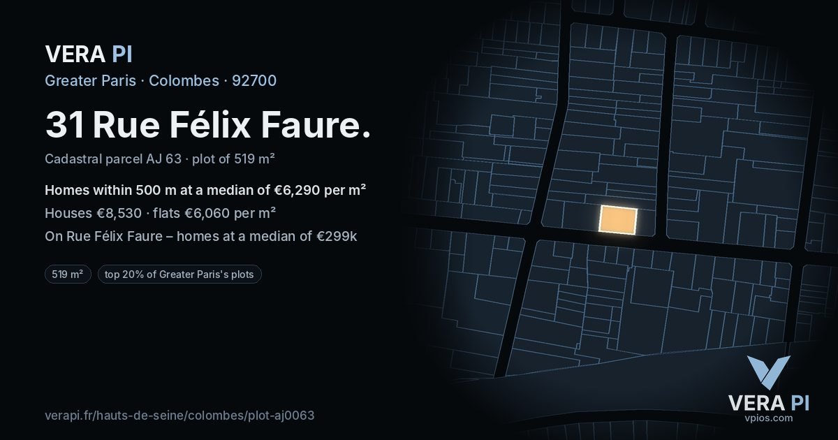 31 Rue Félix Faure, Colombes at night – the plot lit, the parcels around coloured by the prices near them