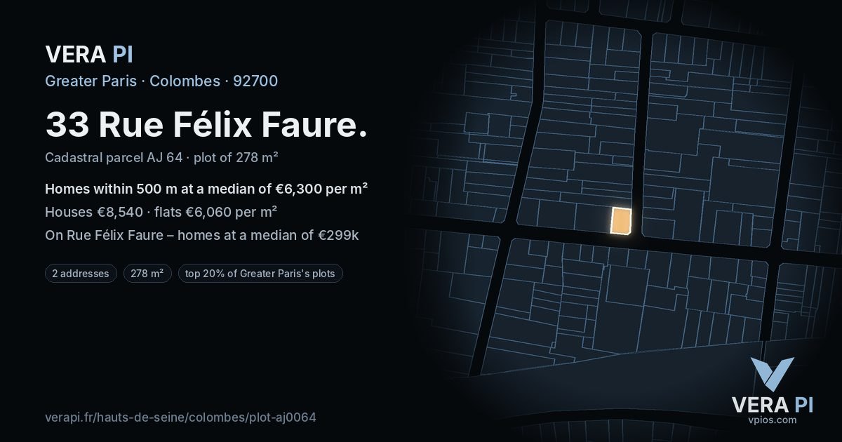 33 Rue Félix Faure, Colombes at night – the plot lit, the parcels around coloured by the prices near them