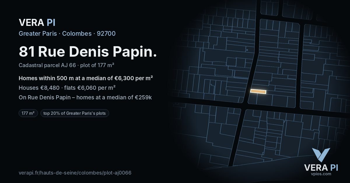 81 Rue Denis Papin, Colombes at night – the plot lit, the parcels around coloured by the prices near them