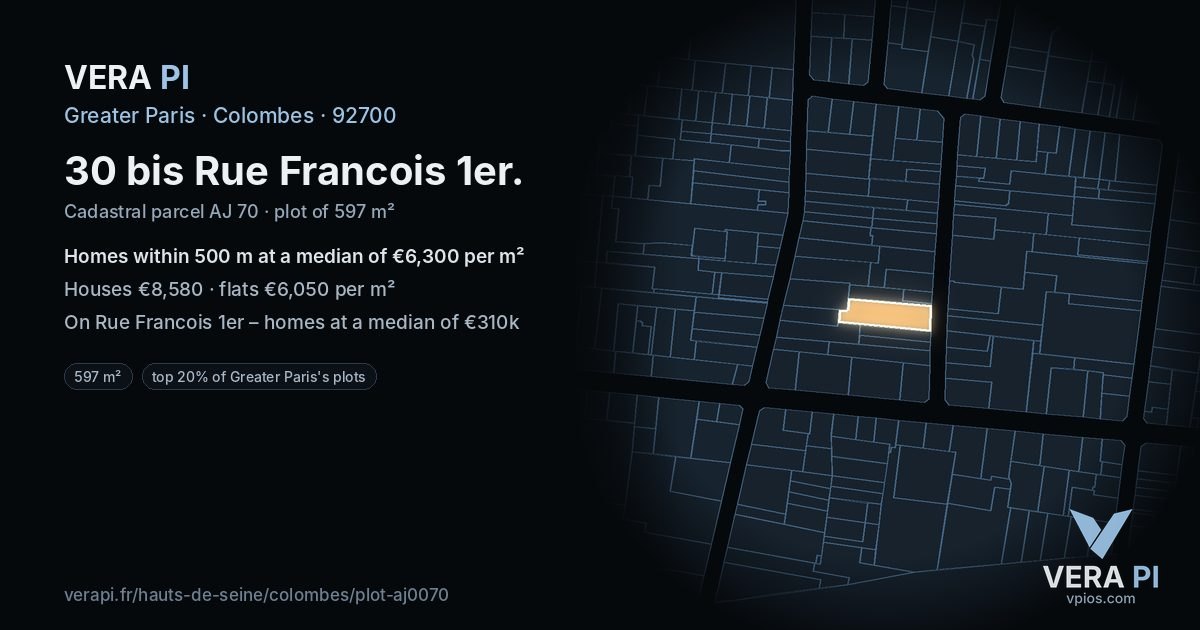 30 bis Rue Francois 1er, Colombes at night – the plot lit, the parcels around coloured by the prices near them