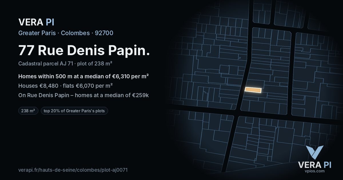 77 Rue Denis Papin, Colombes at night – the plot lit, the parcels around coloured by the prices near them