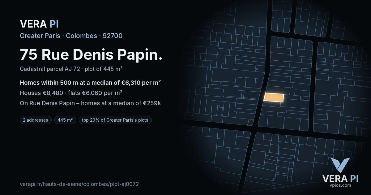 75 Rue Denis Papin, Colombes at night – the plot lit, the parcels around coloured by the prices near them