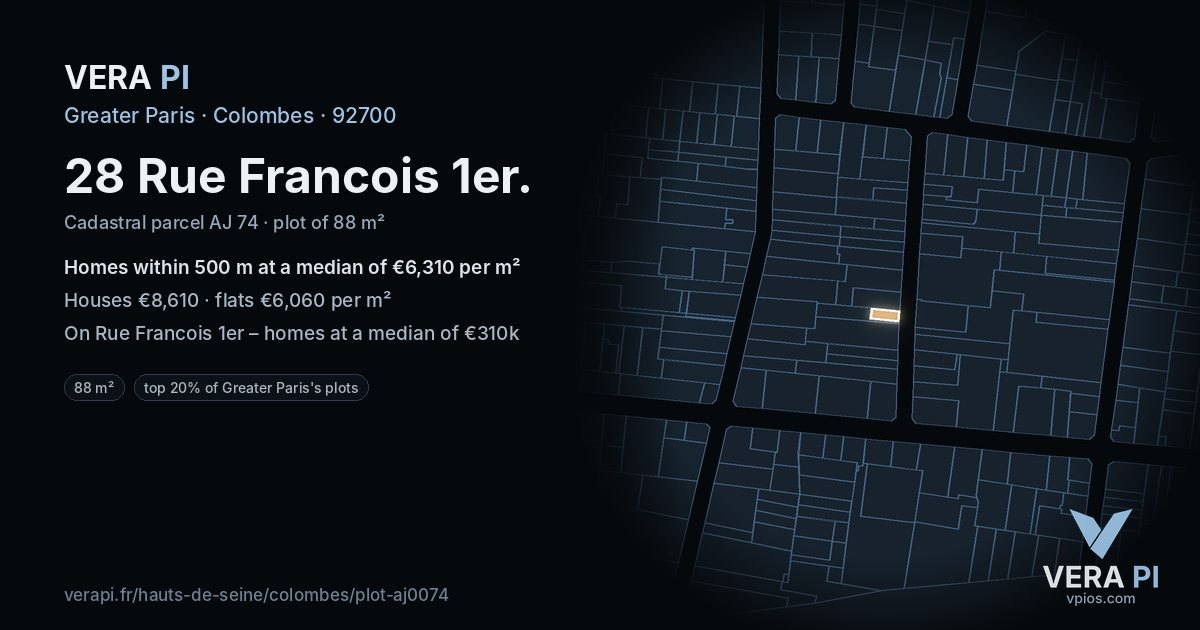 28 Rue Francois 1er, Colombes at night – the plot lit, the parcels around coloured by the prices near them