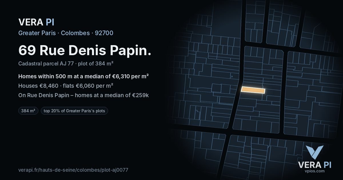 69 Rue Denis Papin, Colombes at night – the plot lit, the parcels around coloured by the prices near them