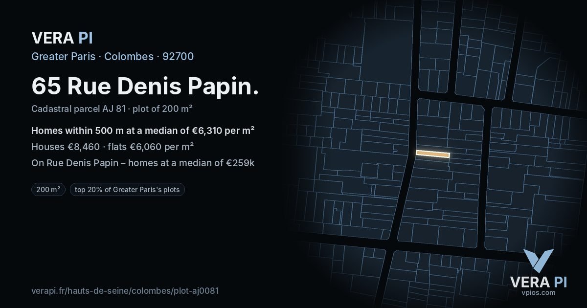 65 Rue Denis Papin, Colombes at night – the plot lit, the parcels around coloured by the prices near them