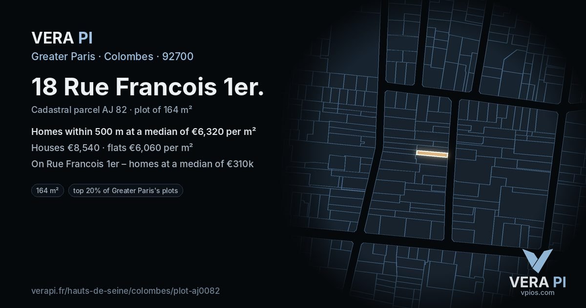 18 Rue Francois 1er, Colombes at night – the plot lit, the parcels around coloured by the prices near them