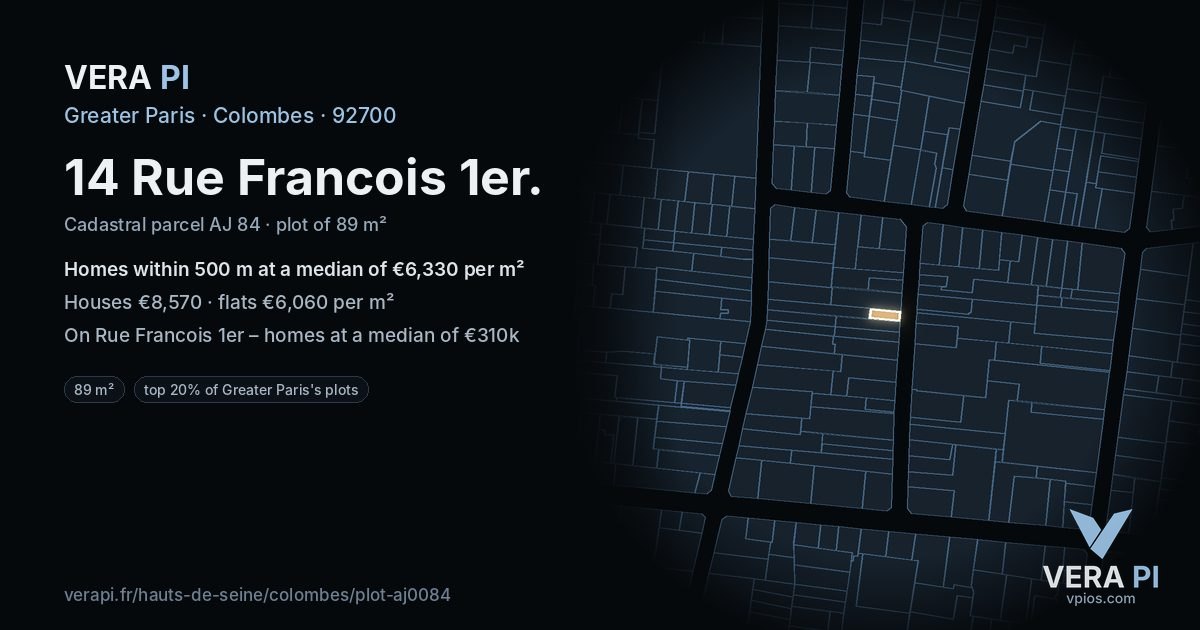 14 Rue Francois 1er, Colombes at night – the plot lit, the parcels around coloured by the prices near them